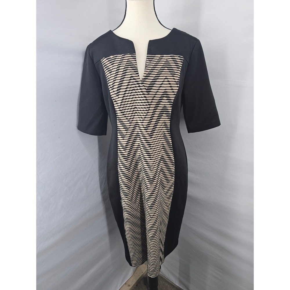 Connected Apparel Womens Black Tan Geometric Sheath Dress Size 12 Elbow Sleeve